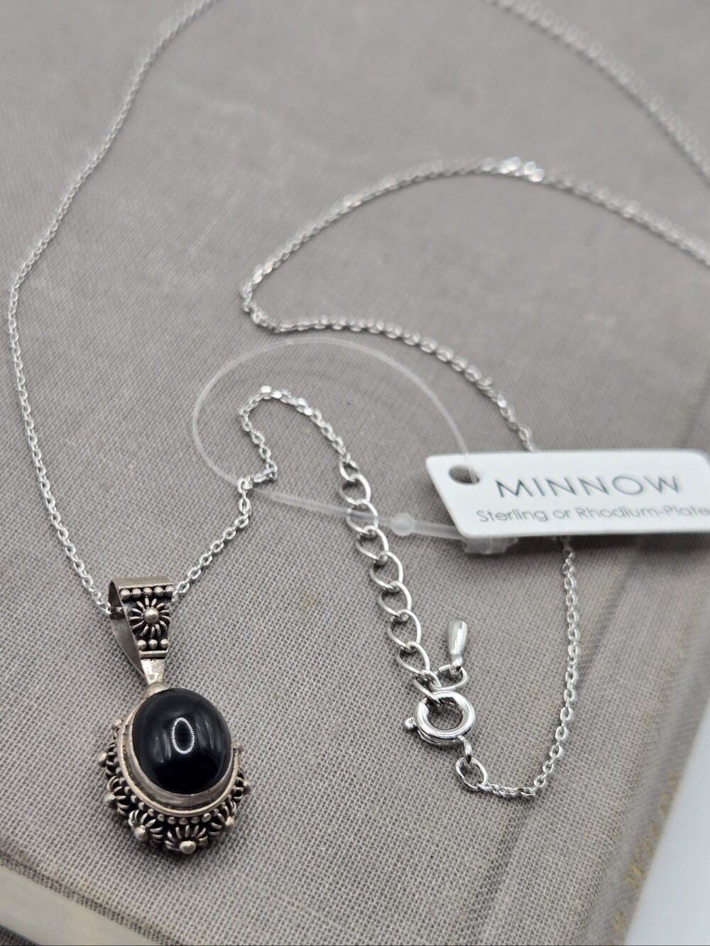 Sterling Silver Onyx Dome Charm Necklace Whimsigoth Grunge Spooky Goth Grunge 19